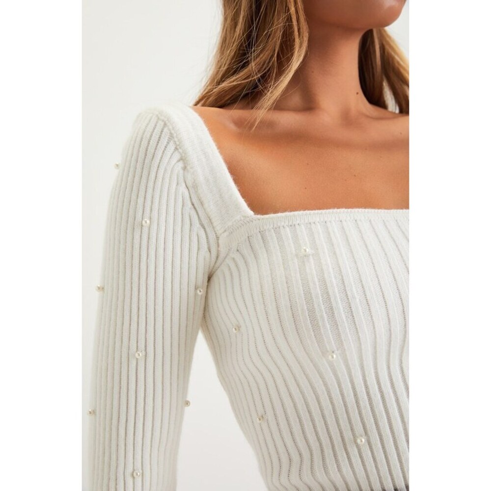 Lulus Fashionable Perfection Ivory Ribbed Pearl Sweater Top White - Size M